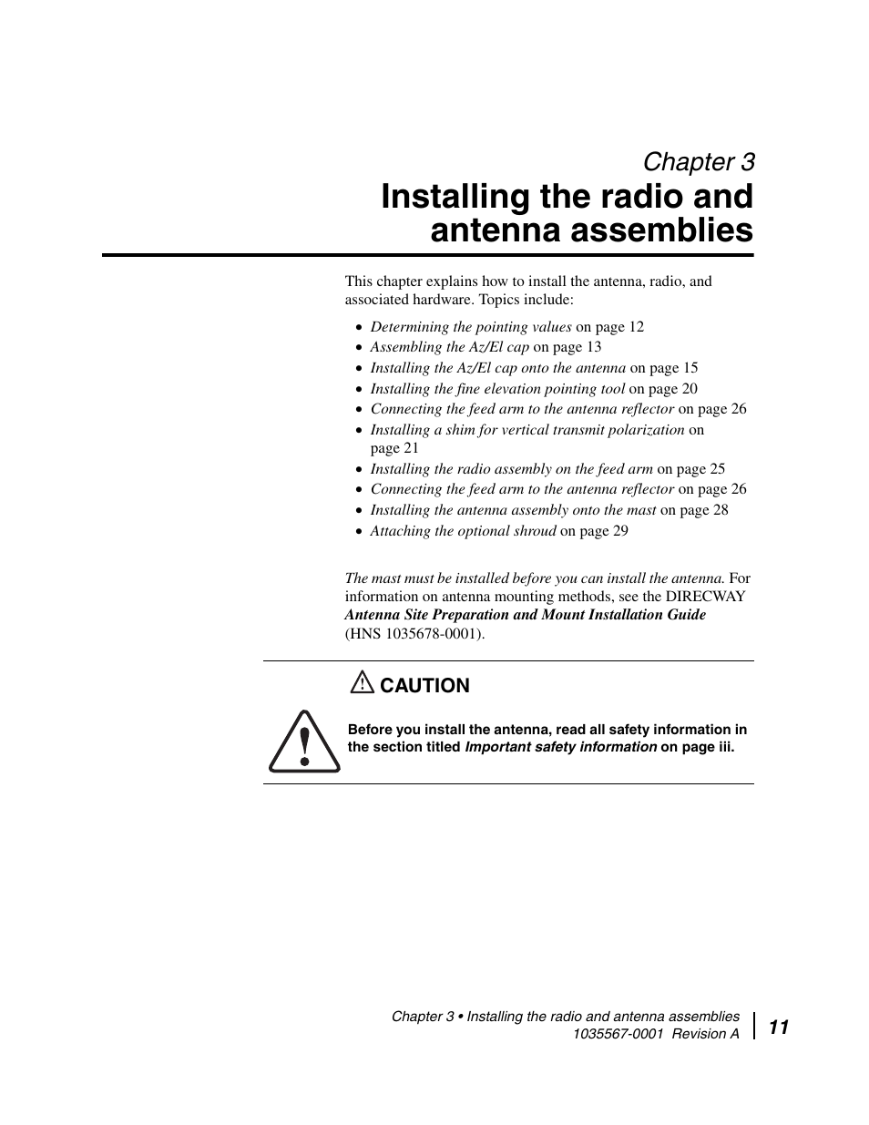 Installing the radio and antenna assemblies, Chapter 3 | Hughes DIRECWAY AN4-074-DF User Manual | Page 27 / 72