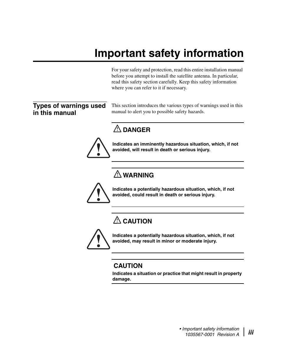 Important safety information, Types of warnings used in this manual | Hughes DIRECWAY AN4-074-DF User Manual | Page 3 / 72