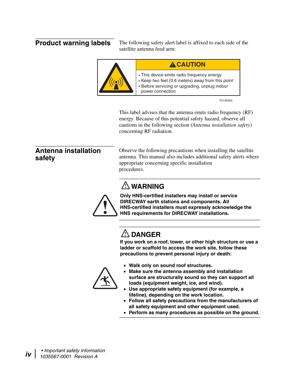 Product warning labels, Antenna installation safety, Warning | Danger, Caution | Hughes DIRECWAY AN4-074-DF User Manual | Page 4 / 72