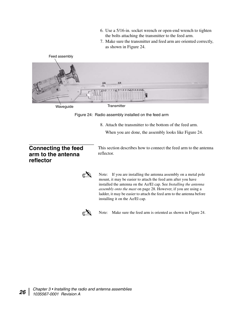 Connecting the feed arm to the antenna reflector, Radio assembly installed on the feed arm | Hughes DIRECWAY AN4-074-DF User Manual | Page 42 / 72