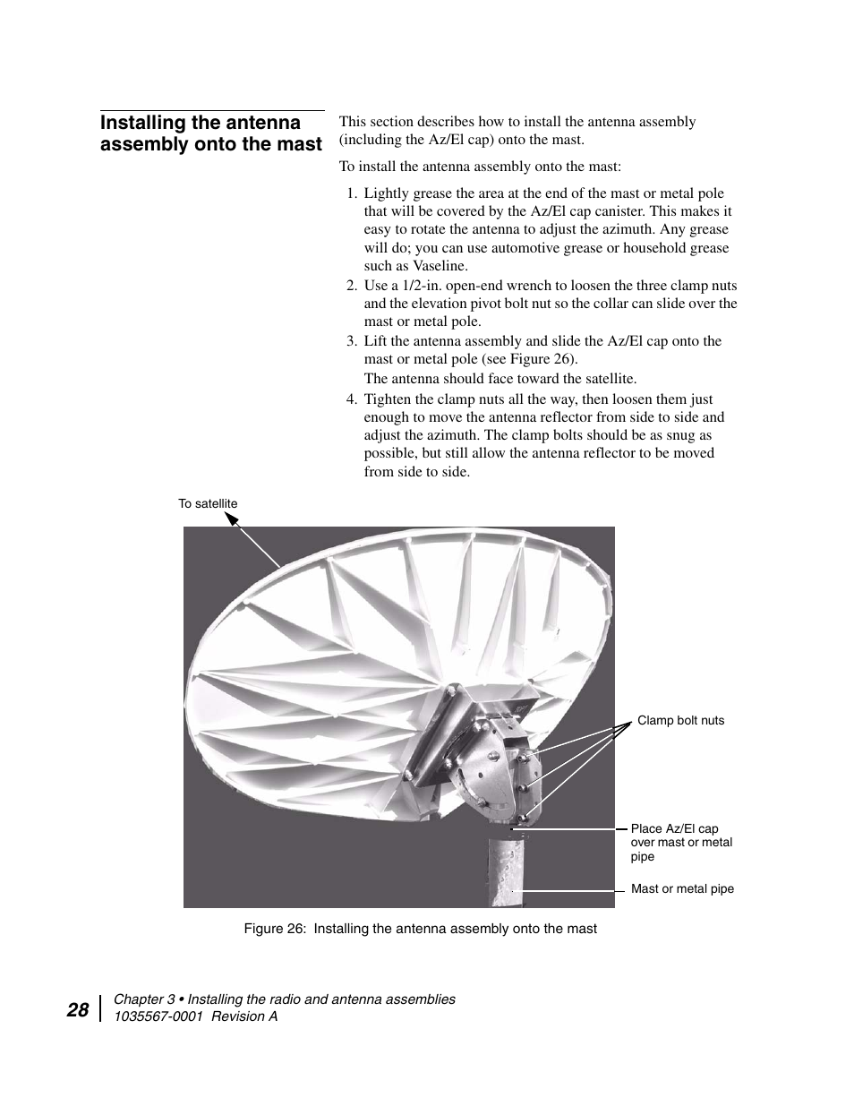 Installing the antenna assembly onto the mast | Hughes DIRECWAY AN4-074-DF User Manual | Page 44 / 72