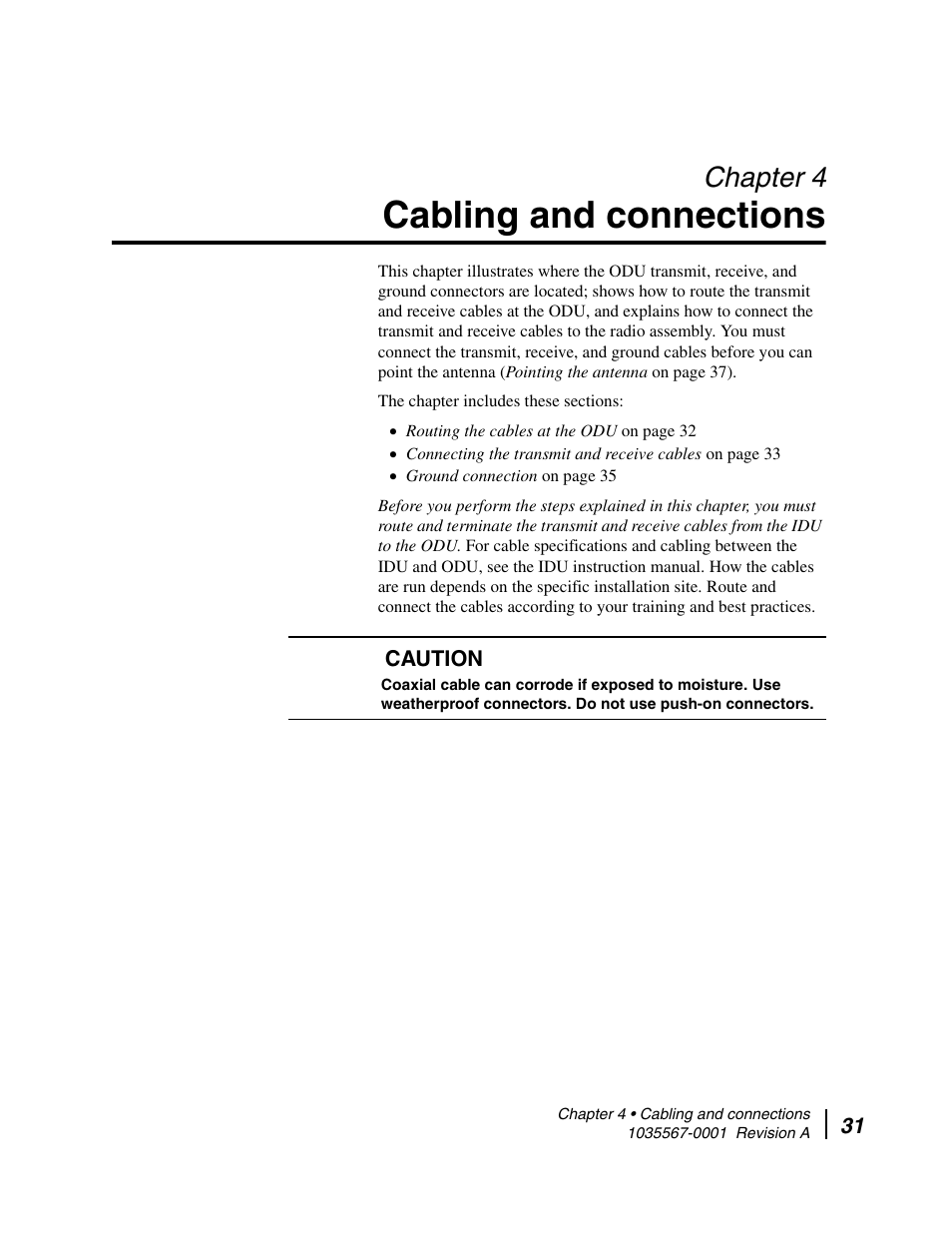Cabling and connections, Chapter 4 cabling and connections, Chapter 4 | Chapter 4 – cabling and connections | Hughes DIRECWAY AN4-074-DF User Manual | Page 47 / 72