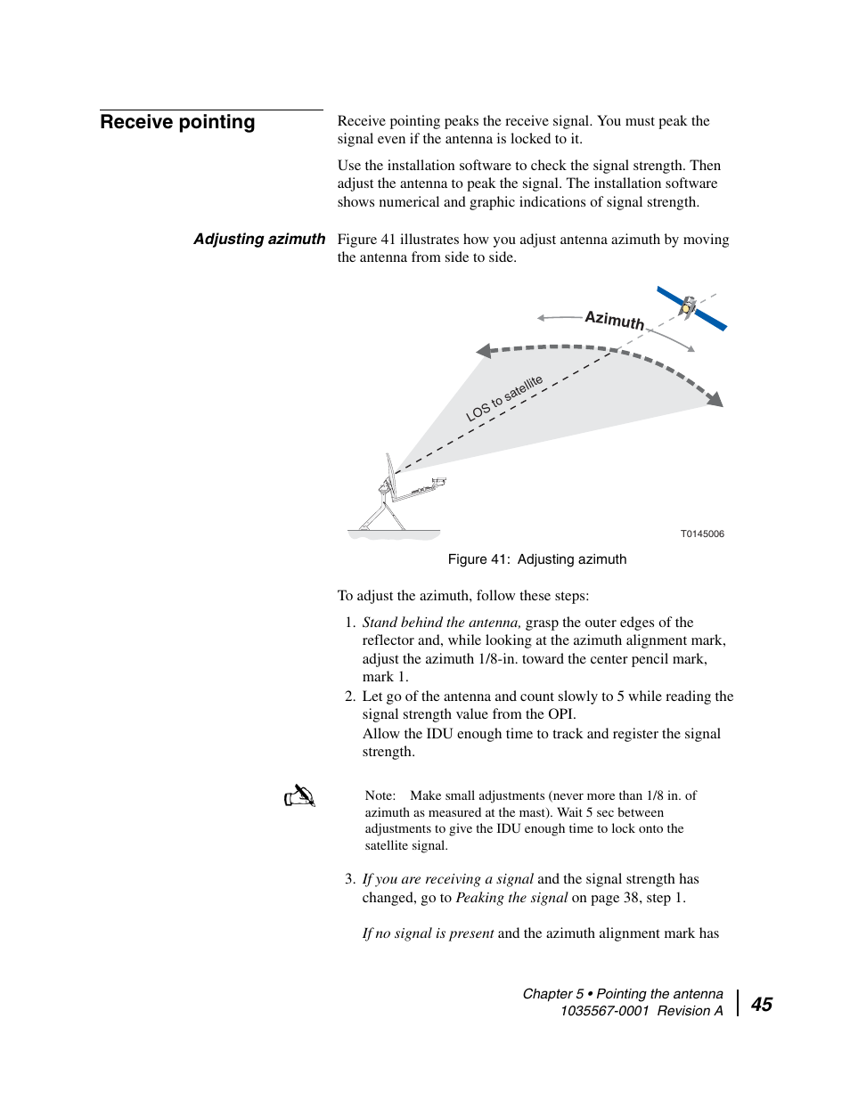 Receive pointing, Adjusting azimuth, 45 receive pointing | Hughes DIRECWAY AN4-074-DF User Manual | Page 61 / 72