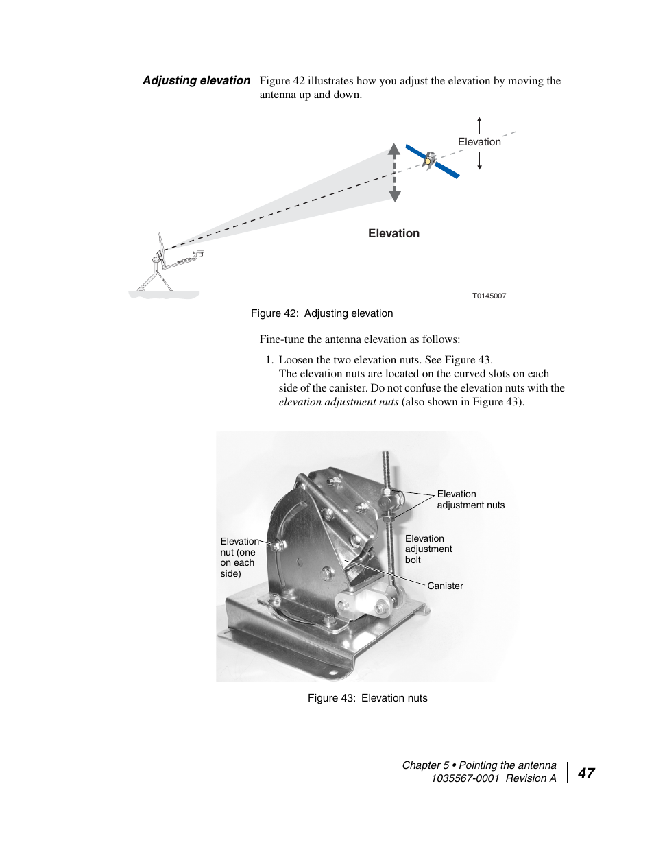 Adjusting elevation, Adjusting elevation 43. elevation nuts | Hughes DIRECWAY AN4-074-DF User Manual | Page 63 / 72