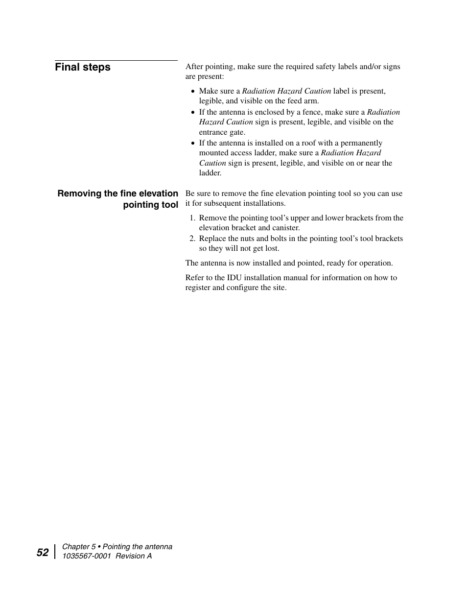 Final steps, Removing the fine elevation pointing tool | Hughes DIRECWAY AN4-074-DF User Manual | Page 68 / 72