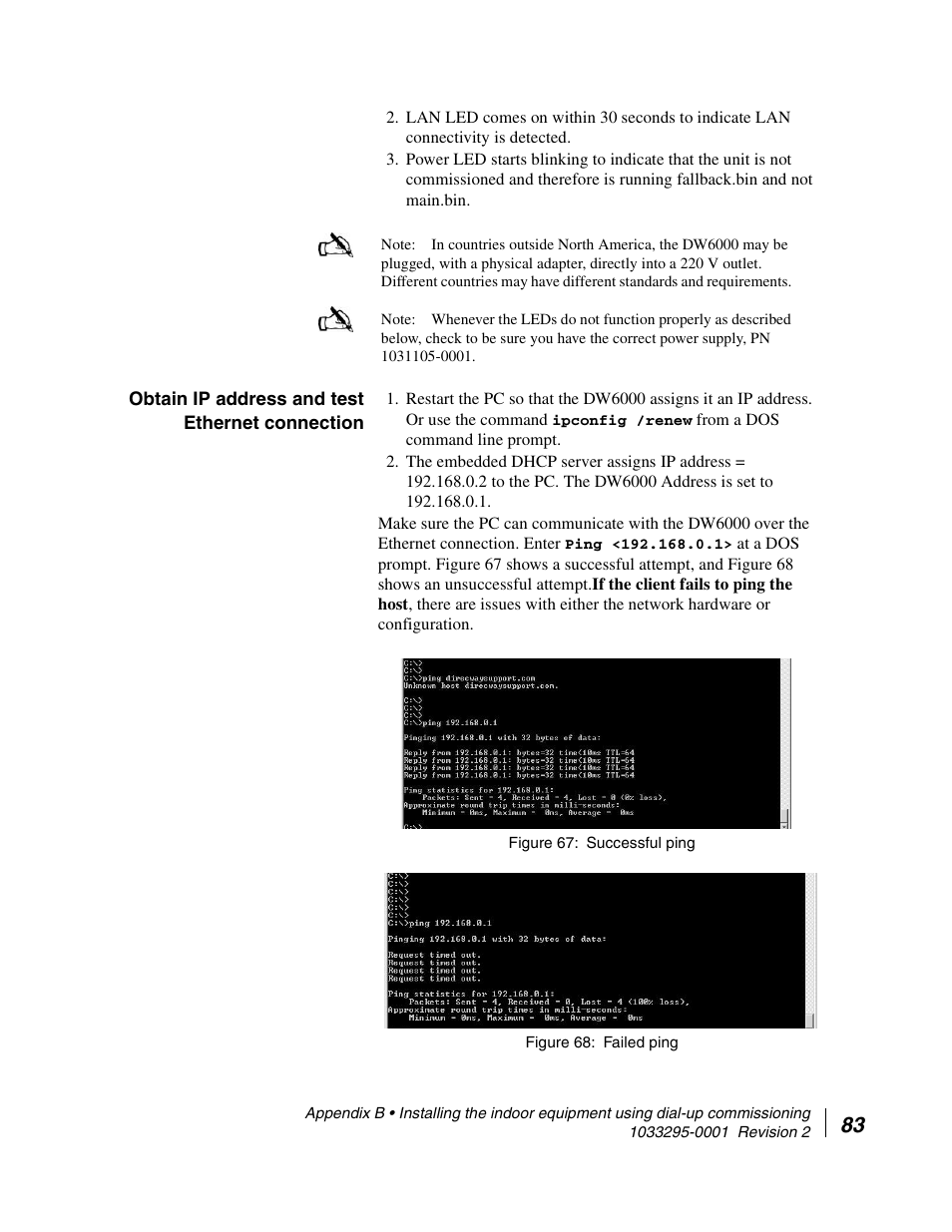 Obtain ip address and test ethernet connection, Successful ping, Failed ping | Display main statistics | Hughes Direcway DW6000 User Manual | Page 117 / 174