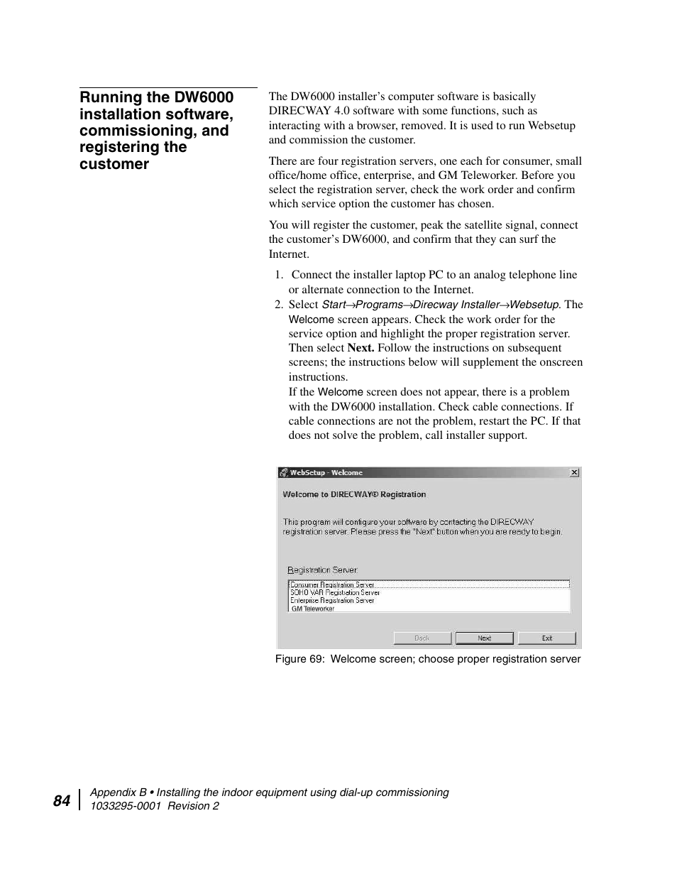 Welcome screen; choose proper registration server | Hughes Direcway DW6000 User Manual | Page 118 / 174