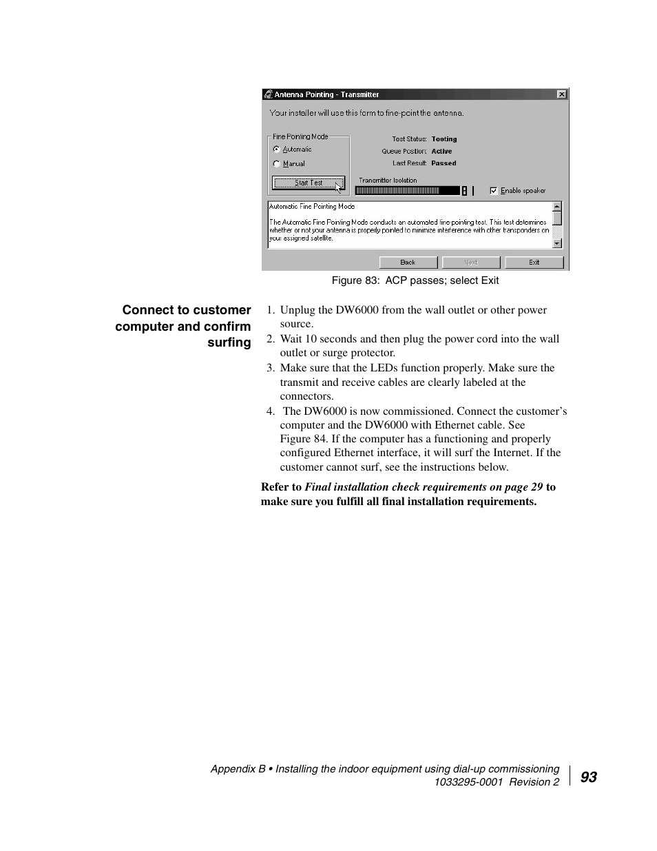 Connect to customer computer and confirm surfing, Acp passes; select exit | Hughes Direcway DW6000 User Manual | Page 127 / 174