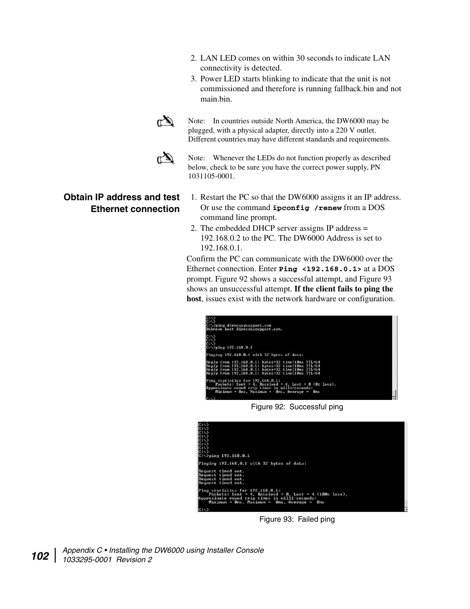 Obtain ip address and test ethernet connection, Successful ping 93. failed ping | Hughes Direcway DW6000 User Manual | Page 136 / 174