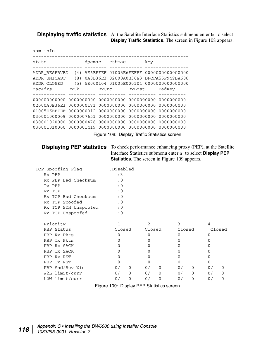 Displaying traffic statistics, Displaying pep statistics | Hughes Direcway DW6000 User Manual | Page 152 / 174