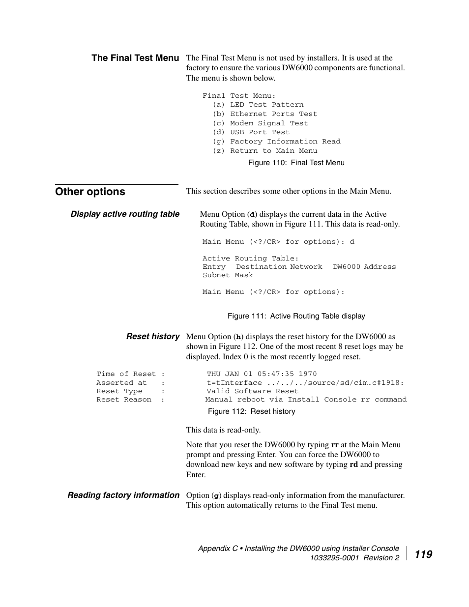 The final test menu, Other options, Display active routing table | Reset history, Reading factory information | Hughes Direcway DW6000 User Manual | Page 153 / 174
