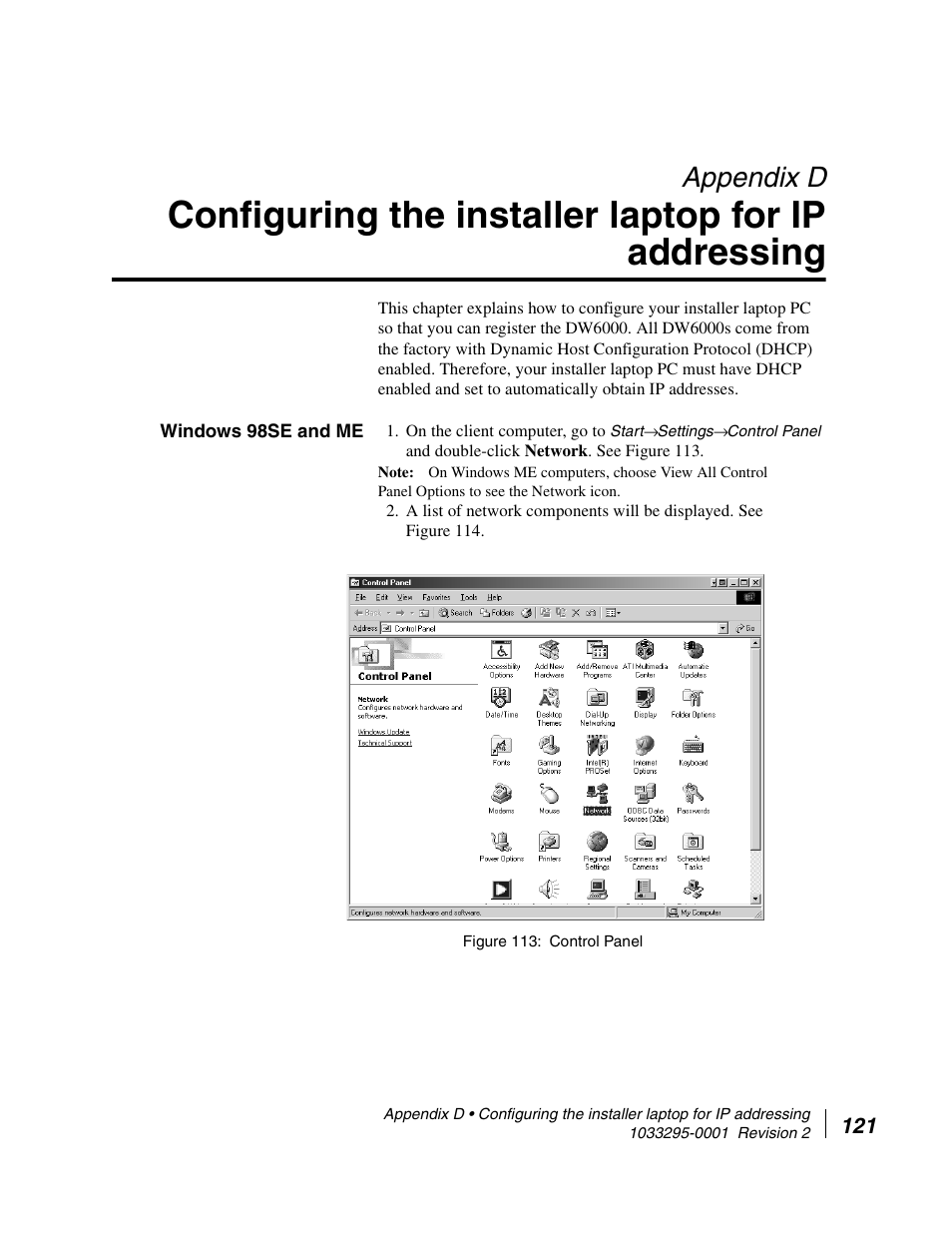 Configuring the installer laptop for ip addressing, Windows 98se and me, Appendix d | Control panel | Hughes Direcway DW6000 User Manual | Page 155 / 174