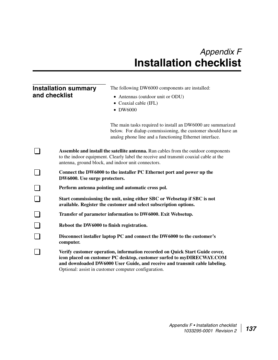 Installation checklist, Installation summary and checklist, Appendix f installation checklist | Appendix f | Hughes Direcway DW6000 User Manual | Page 171 / 174