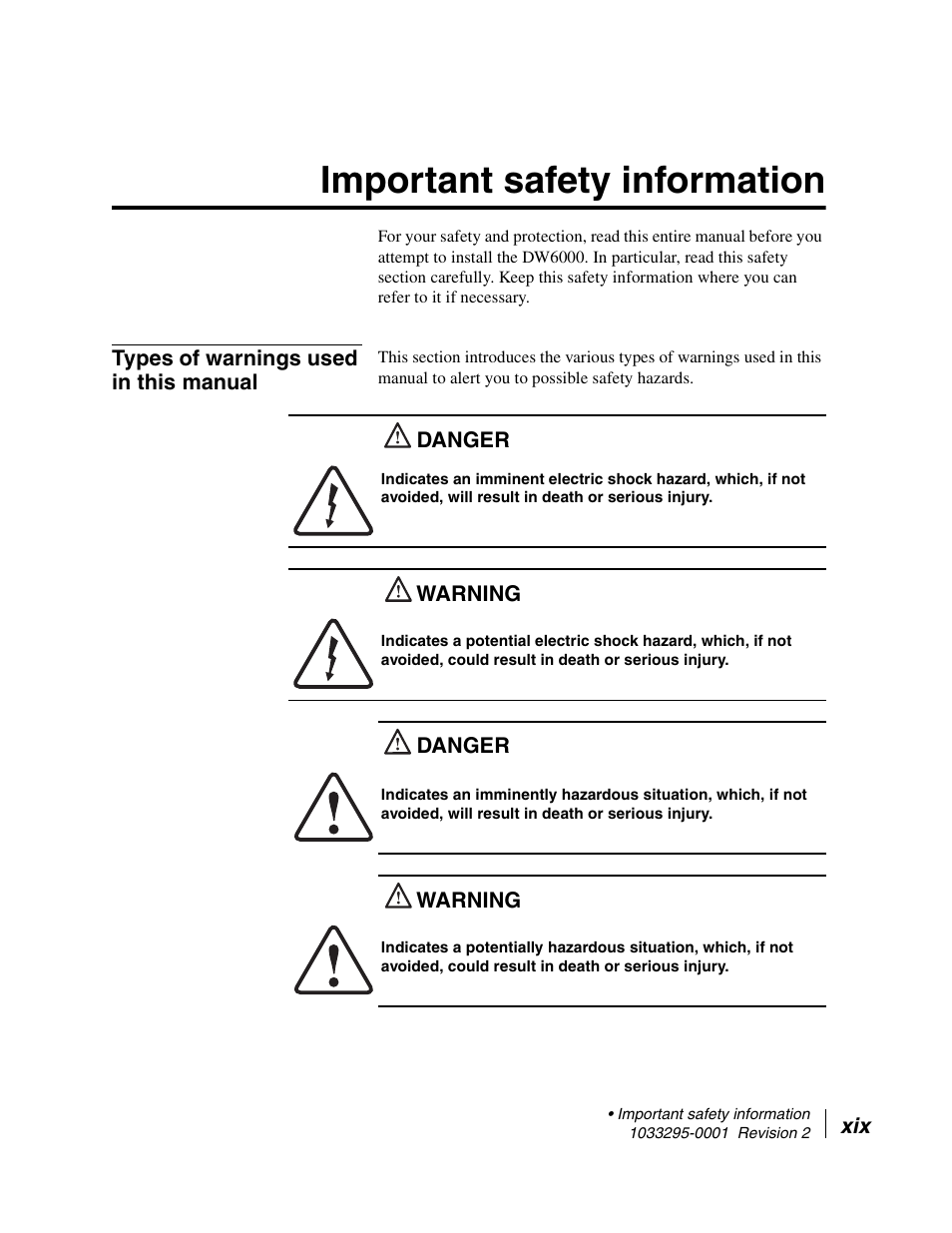 Important safety information, Types of warnings used in this manual | Hughes Direcway DW6000 User Manual | Page 19 / 174