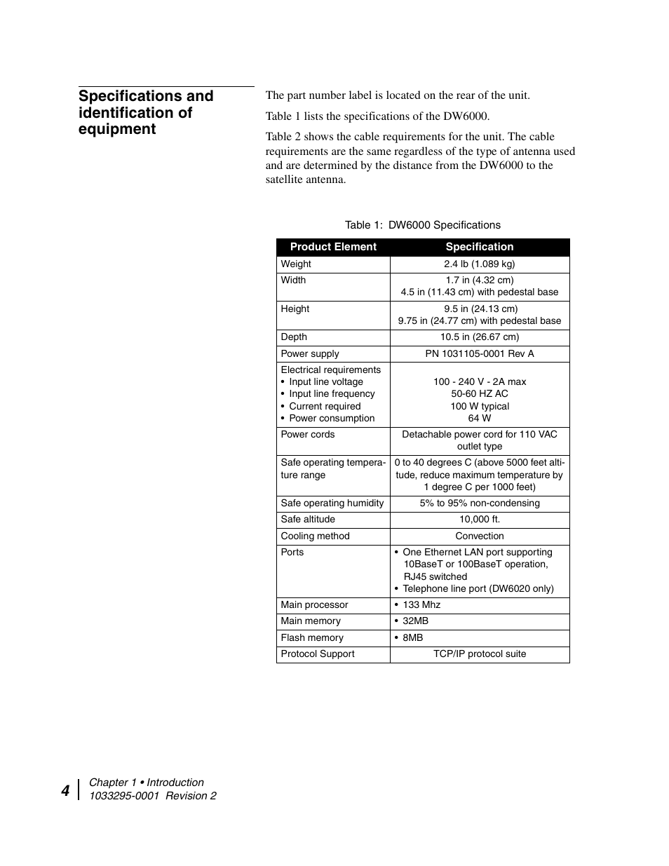 Specifications and identification of equipment, Dw6000 specifications | Hughes Direcway DW6000 User Manual | Page 28 / 174