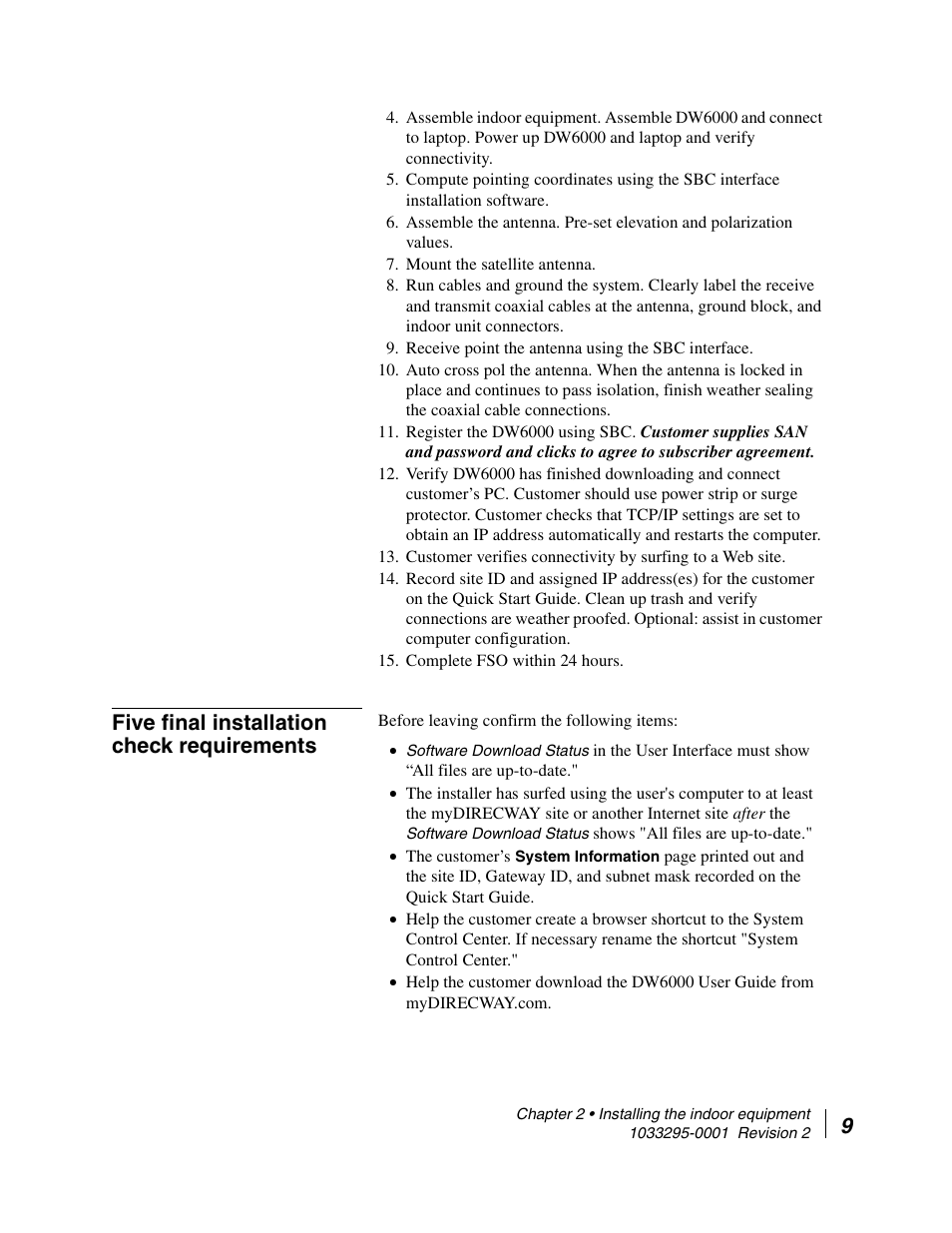 Five final installation check requirements | Hughes Direcway DW6000 User Manual | Page 33 / 174