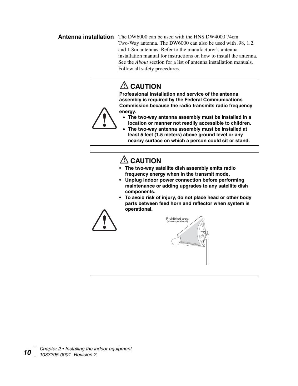 Antenna installation, Caution | Hughes Direcway DW6000 User Manual | Page 34 / 174