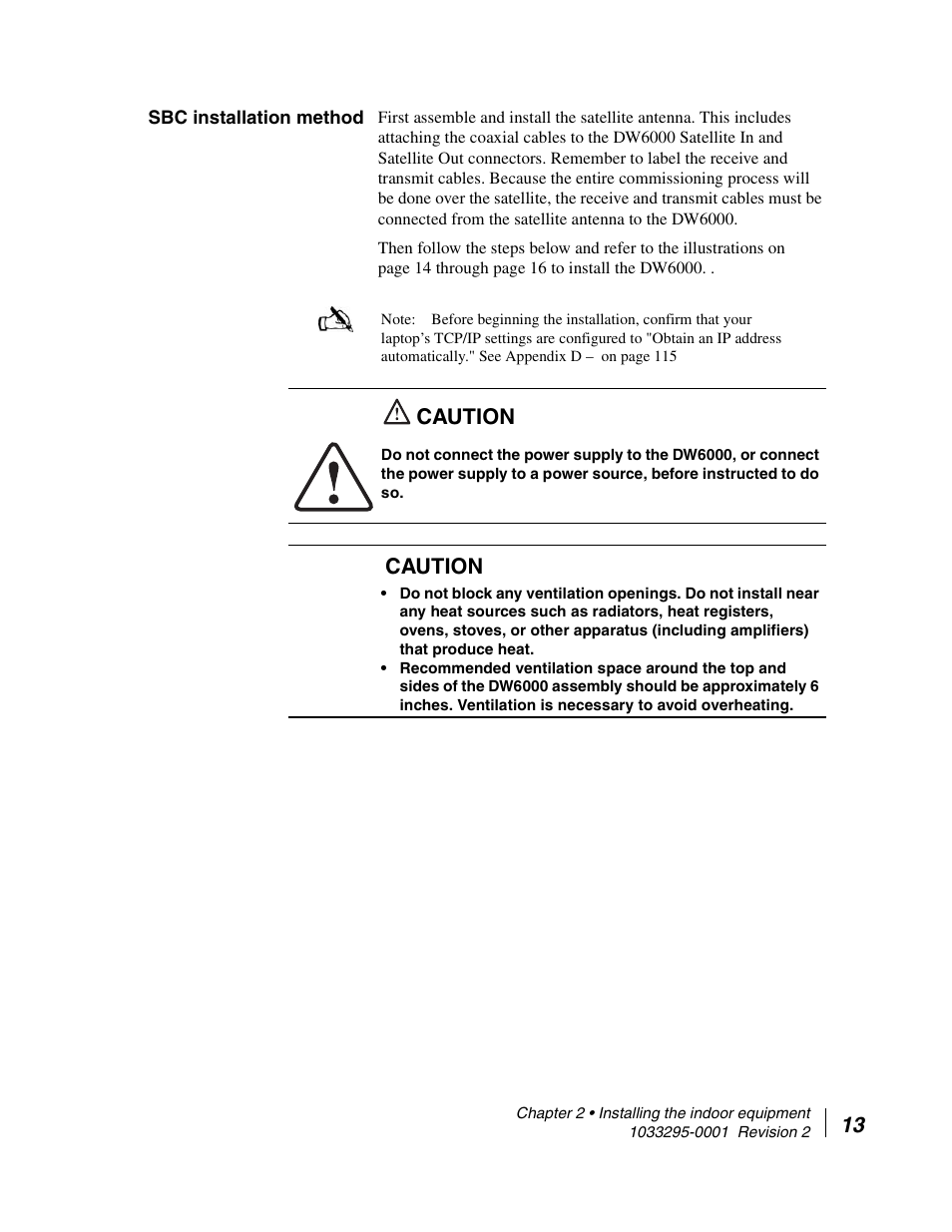Sbc installation method, Caution | Hughes Direcway DW6000 User Manual | Page 37 / 174