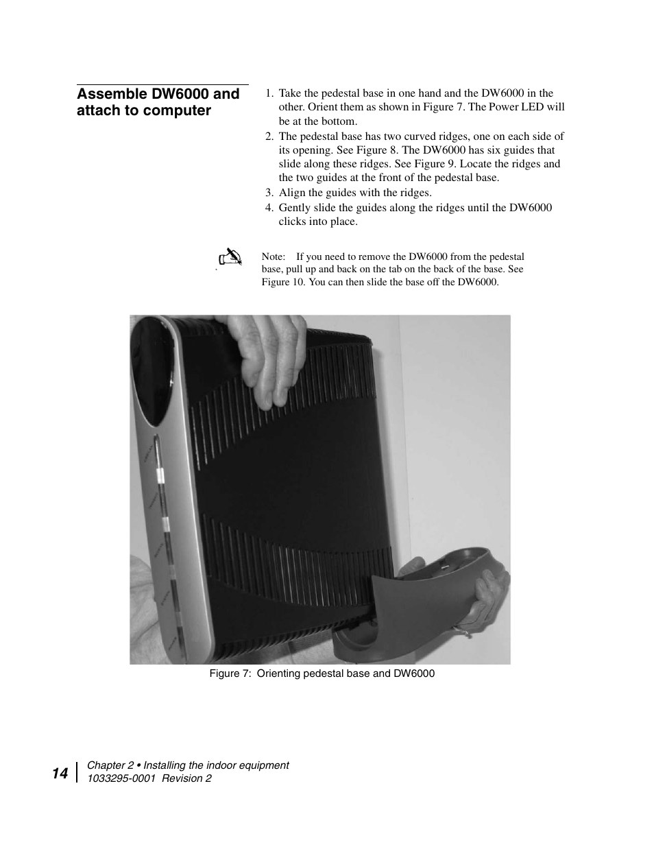 Assemble dw6000 and attach to computer, Orienting pedestal base and dw6000 | Hughes Direcway DW6000 User Manual | Page 38 / 174