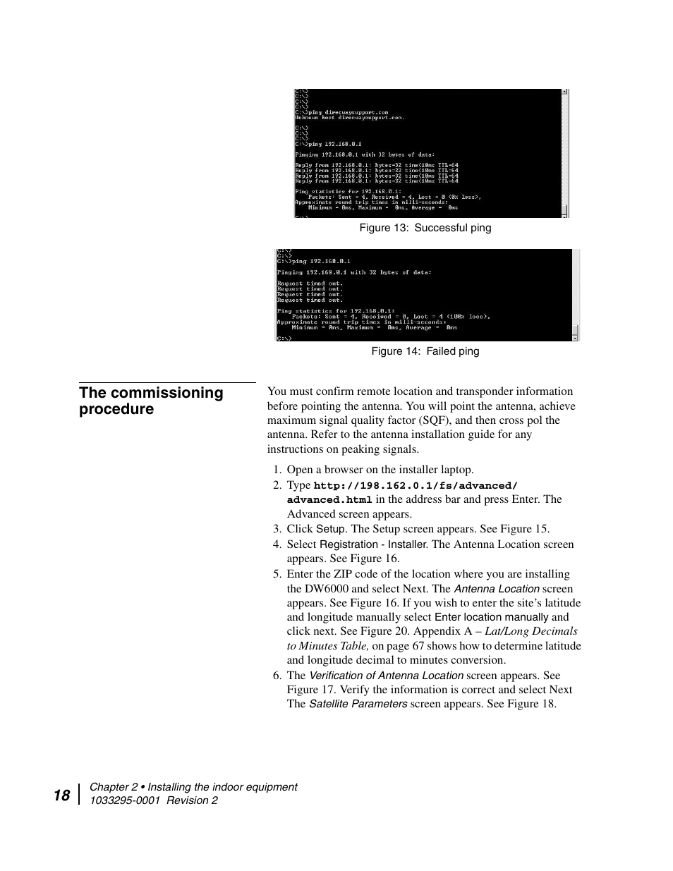 The commissioning procedure, Successful ping 14. failed ping | Hughes Direcway DW6000 User Manual | Page 42 / 174