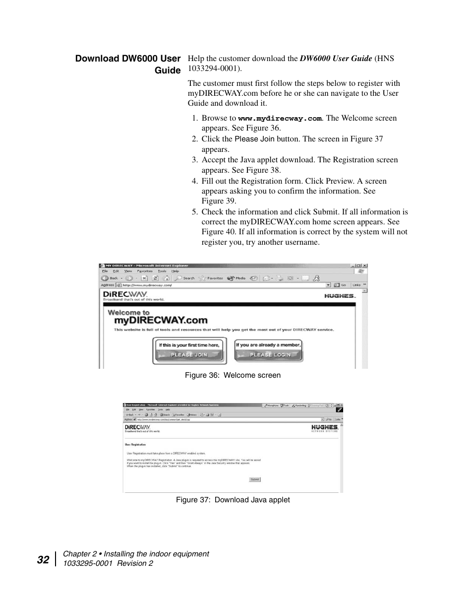 Download dw6000 user guide, Welcome screen 37. download java applet | Hughes Direcway DW6000 User Manual | Page 56 / 174