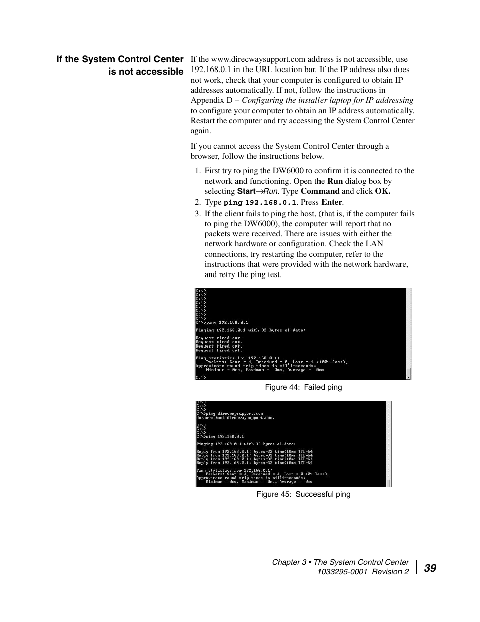 If the system control center is not accessible, Failed ping 45. successful ping | Hughes Direcway DW6000 User Manual | Page 63 / 174