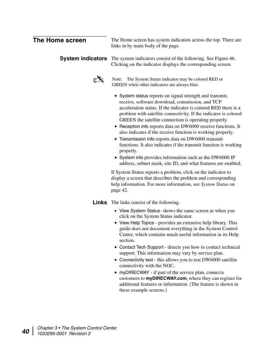 The home screen, System indicators, Links | System indicators links | Hughes Direcway DW6000 User Manual | Page 64 / 174