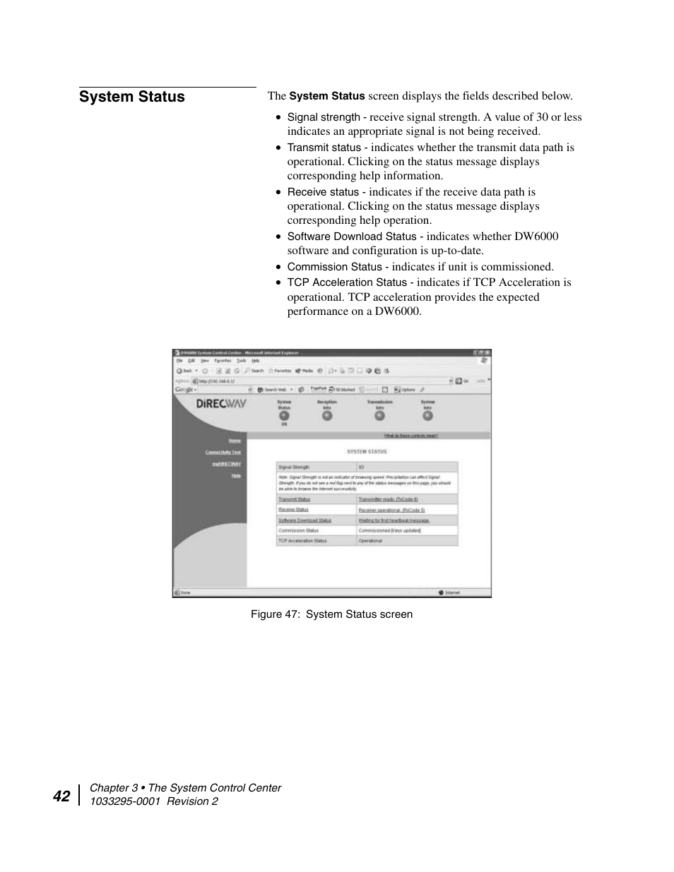 System status, System status screen | Hughes Direcway DW6000 User Manual | Page 66 / 174