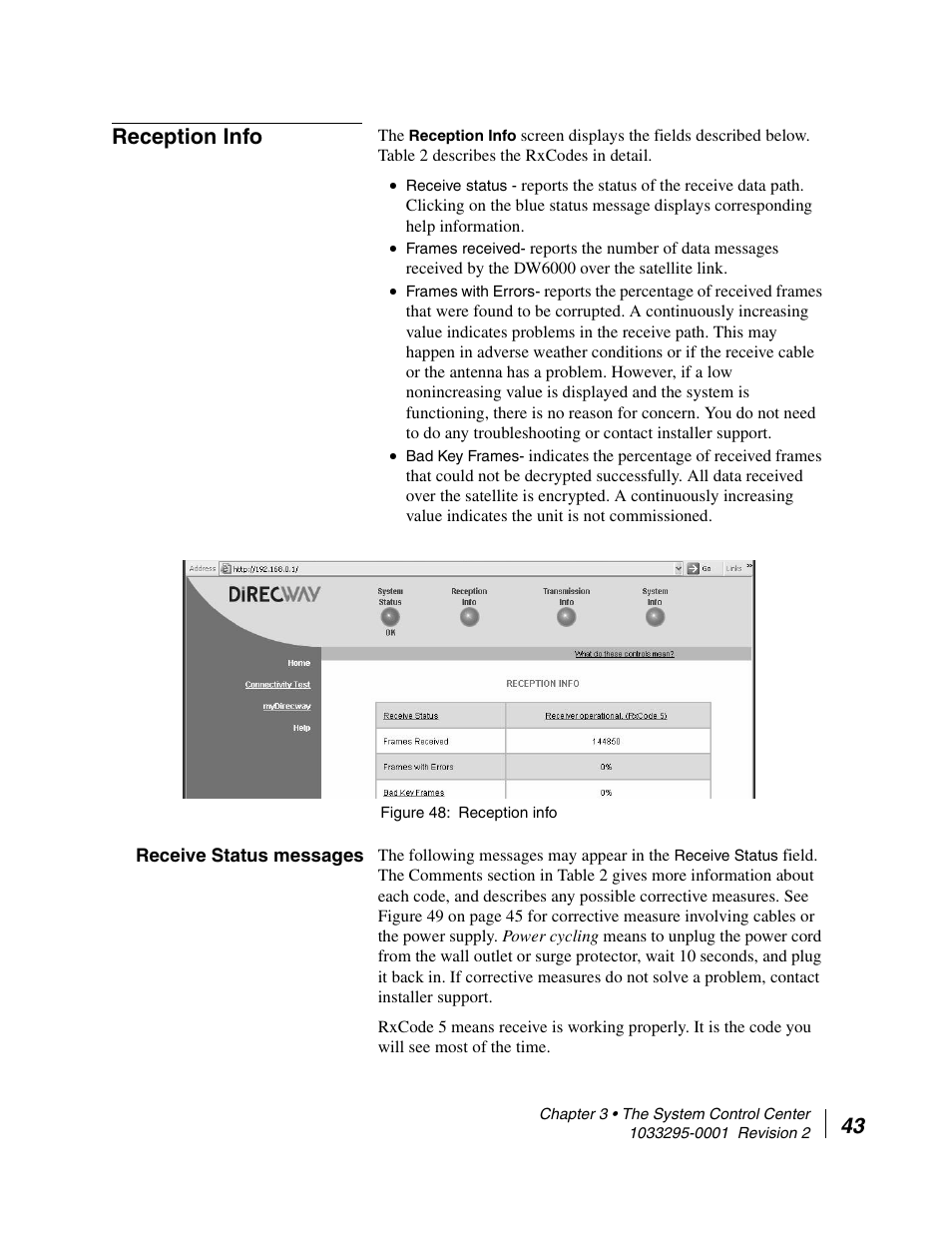 Reception info, Receive status messages, 43 reception info | Hughes Direcway DW6000 User Manual | Page 67 / 174