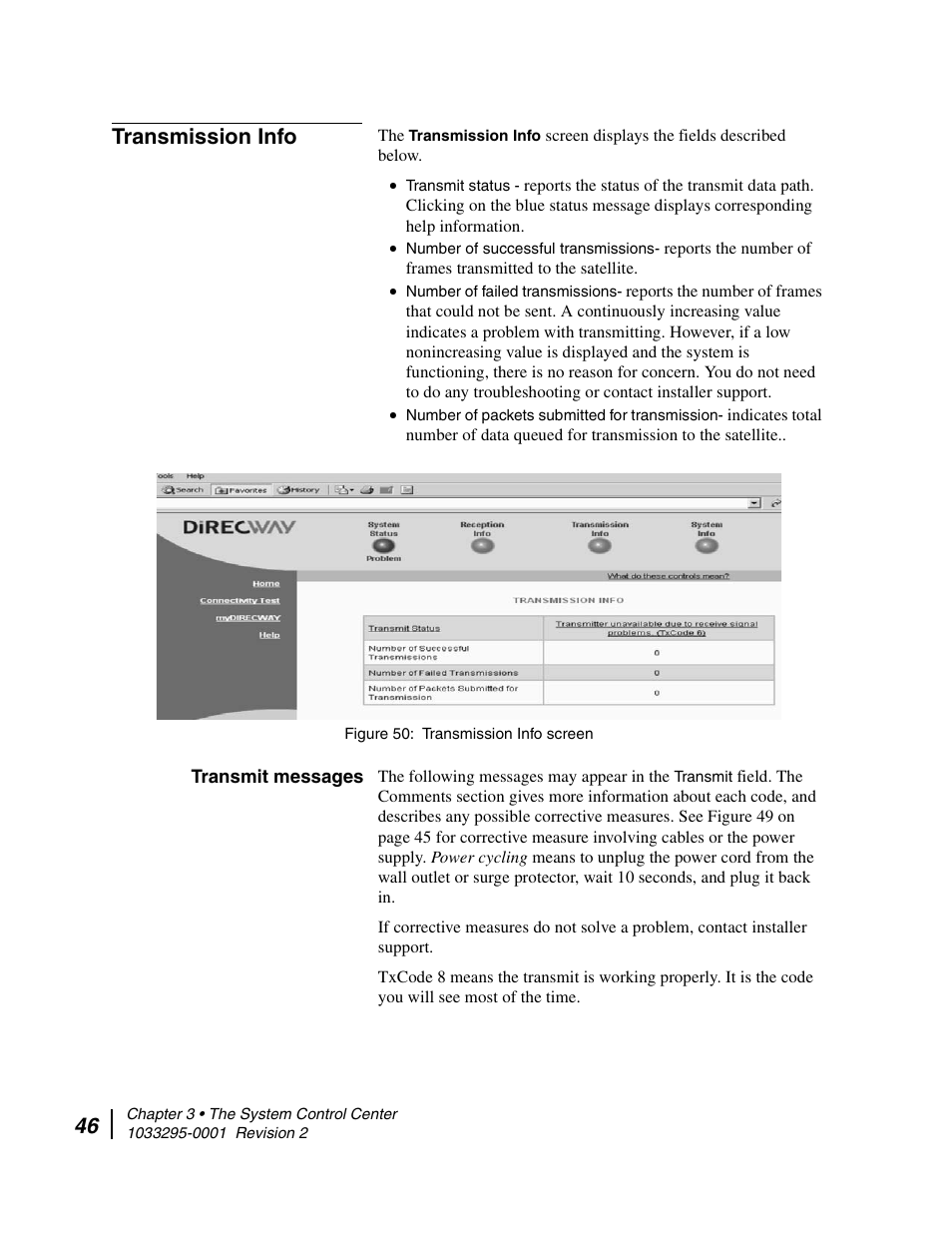 Transmission info, Transmit messages, Transmission info screen | Hughes Direcway DW6000 User Manual | Page 70 / 174