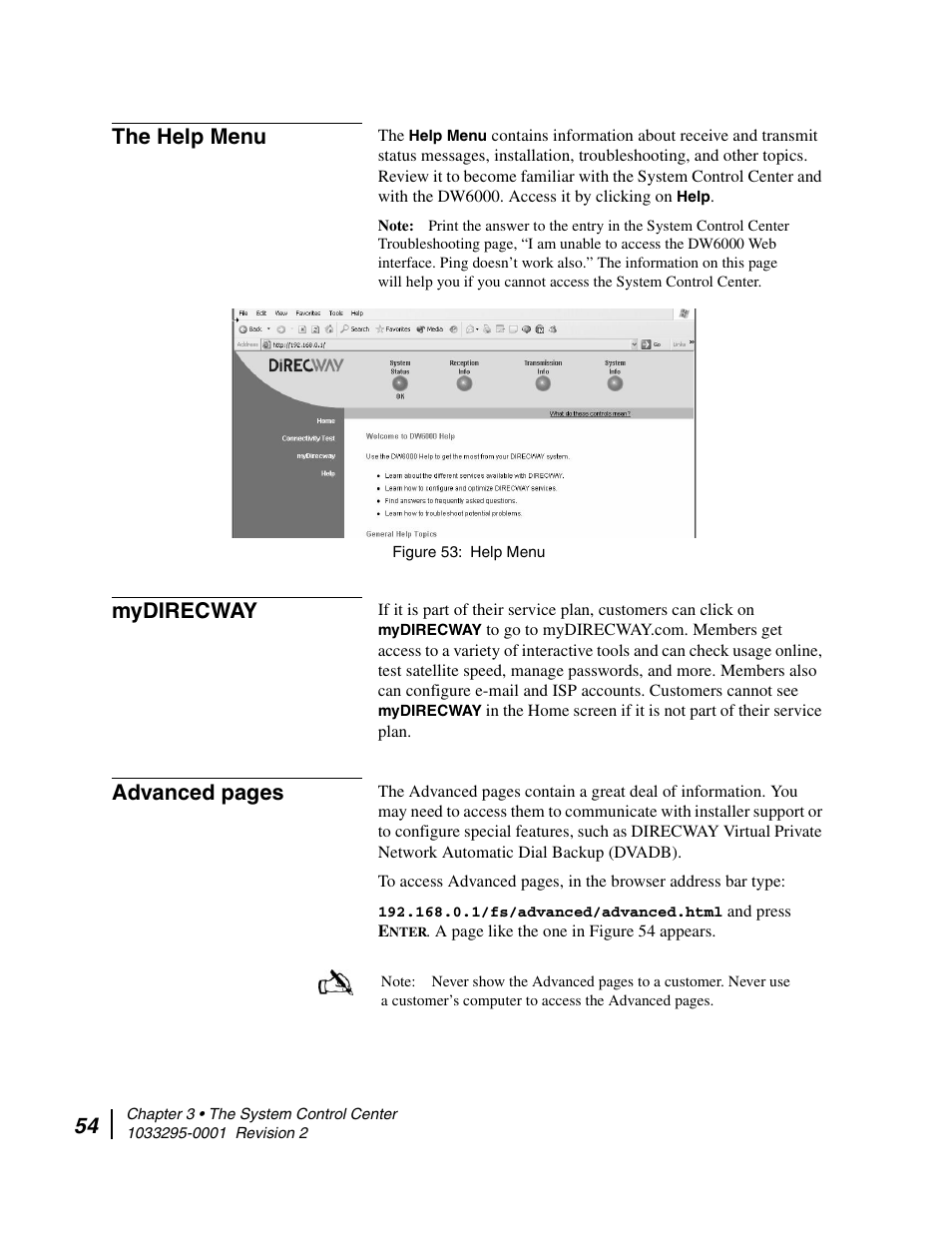 The help menu, Mydirecway, Help menu | Advanced pages | Hughes Direcway DW6000 User Manual | Page 78 / 174