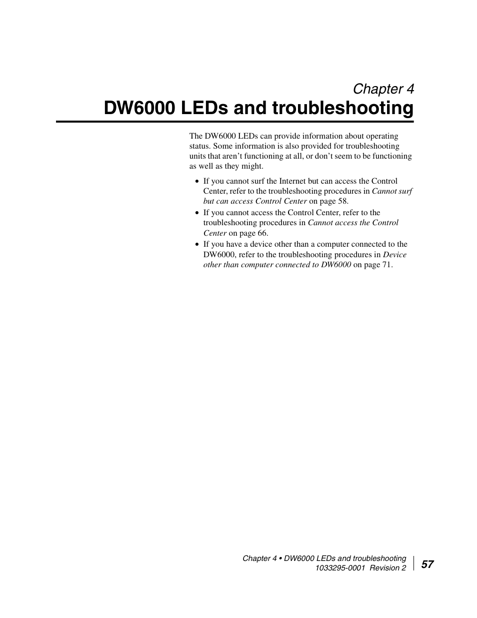 Dw6000 leds and troubleshooting, Chapter 4 dw6000 leds and troubleshooting, The dw6000 leds fatal error indication | Chapter 4 | Hughes Direcway DW6000 User Manual | Page 81 / 174