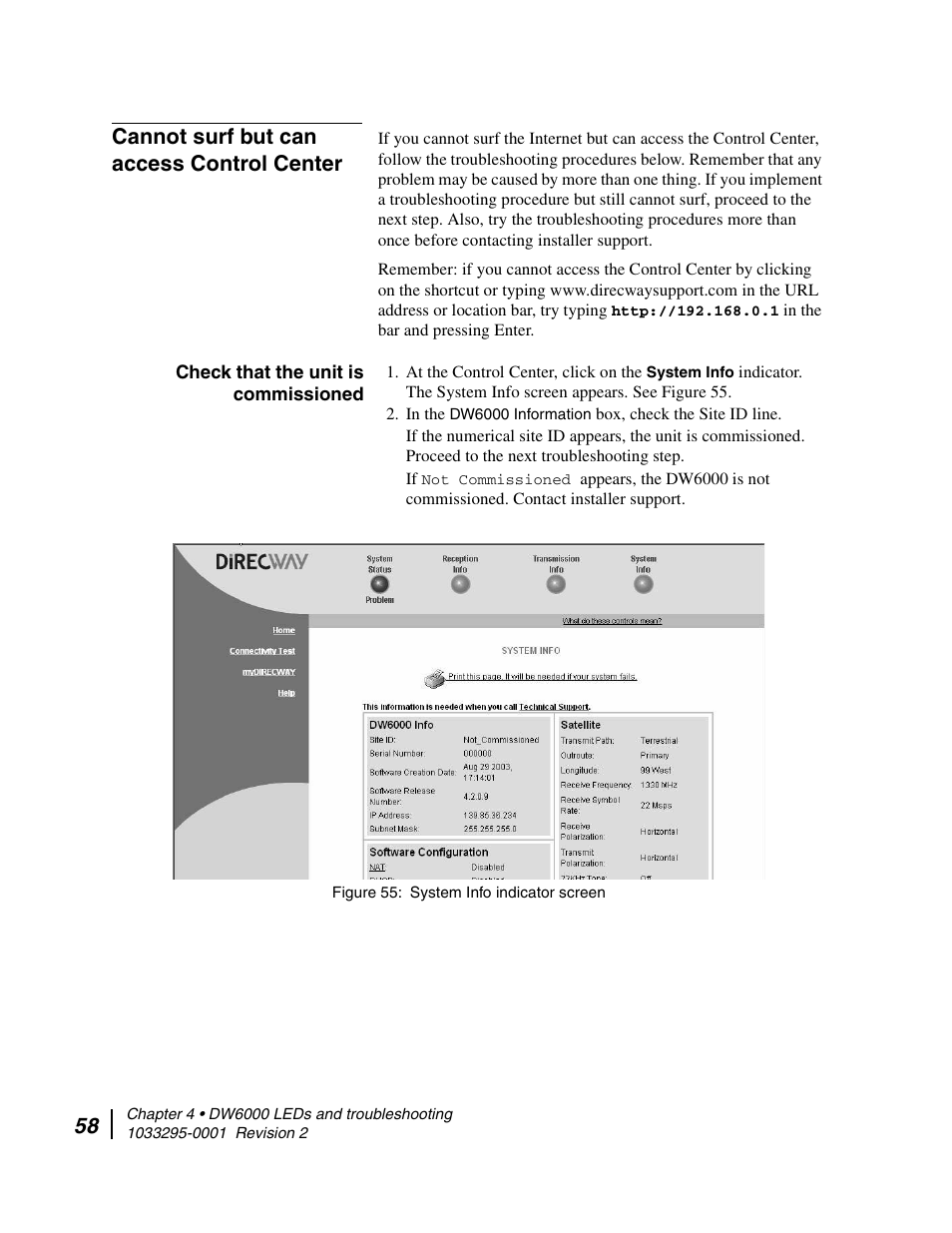 Cannot surf but can access control center, Check that the unit is commissioned, Dw6000 leds | Hughes Direcway DW6000 User Manual | Page 82 / 174