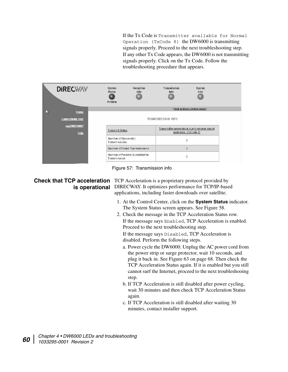 Check that tcp acceleration is operational, Problem: transmit or receive leds not on, Dw6000 power and cable connections | Hughes Direcway DW6000 User Manual | Page 84 / 174