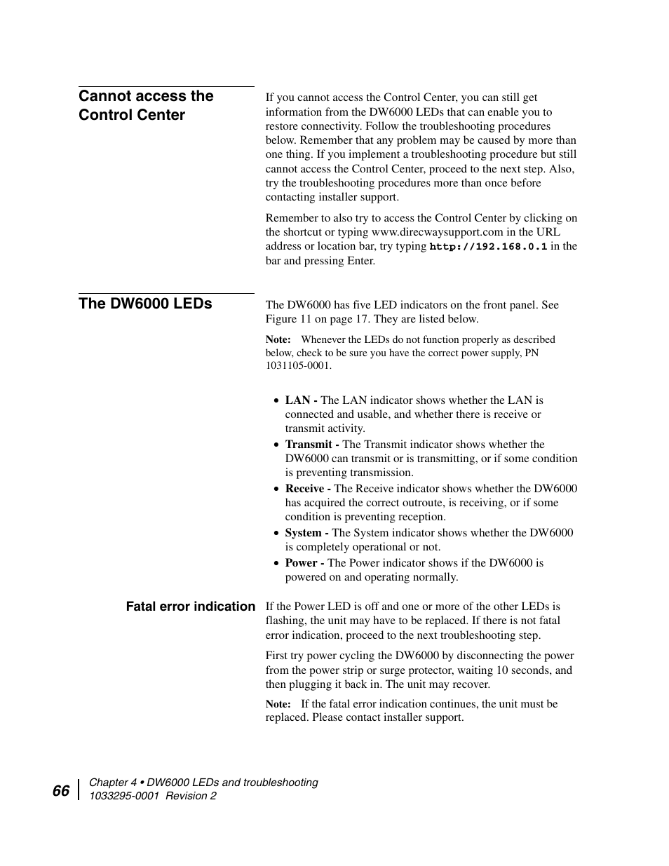 Cannot access the control center, The dw6000 leds, Fatal error indication | Hughes Direcway DW6000 User Manual | Page 90 / 174