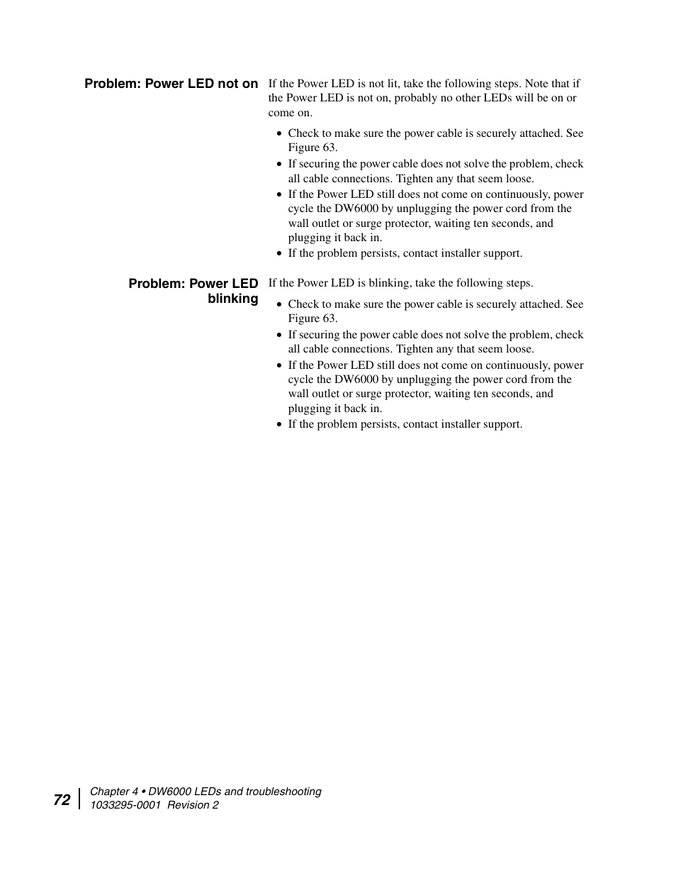 Problem: power led not on, Problem: power led blinking, Antenna installation | Hughes Direcway DW6000 User Manual | Page 96 / 174