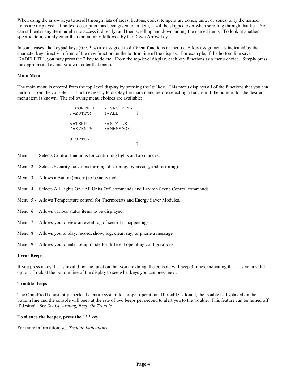 Main menu, Error beeps, Trouble beeps | Home Automation II User Manual | Page 12 / 90