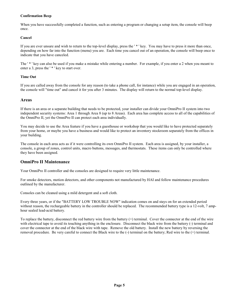 Confirmation beep, Cancel, Time out | Areas, Omnipro ii maintenance | Home Automation II User Manual | Page 13 / 90
