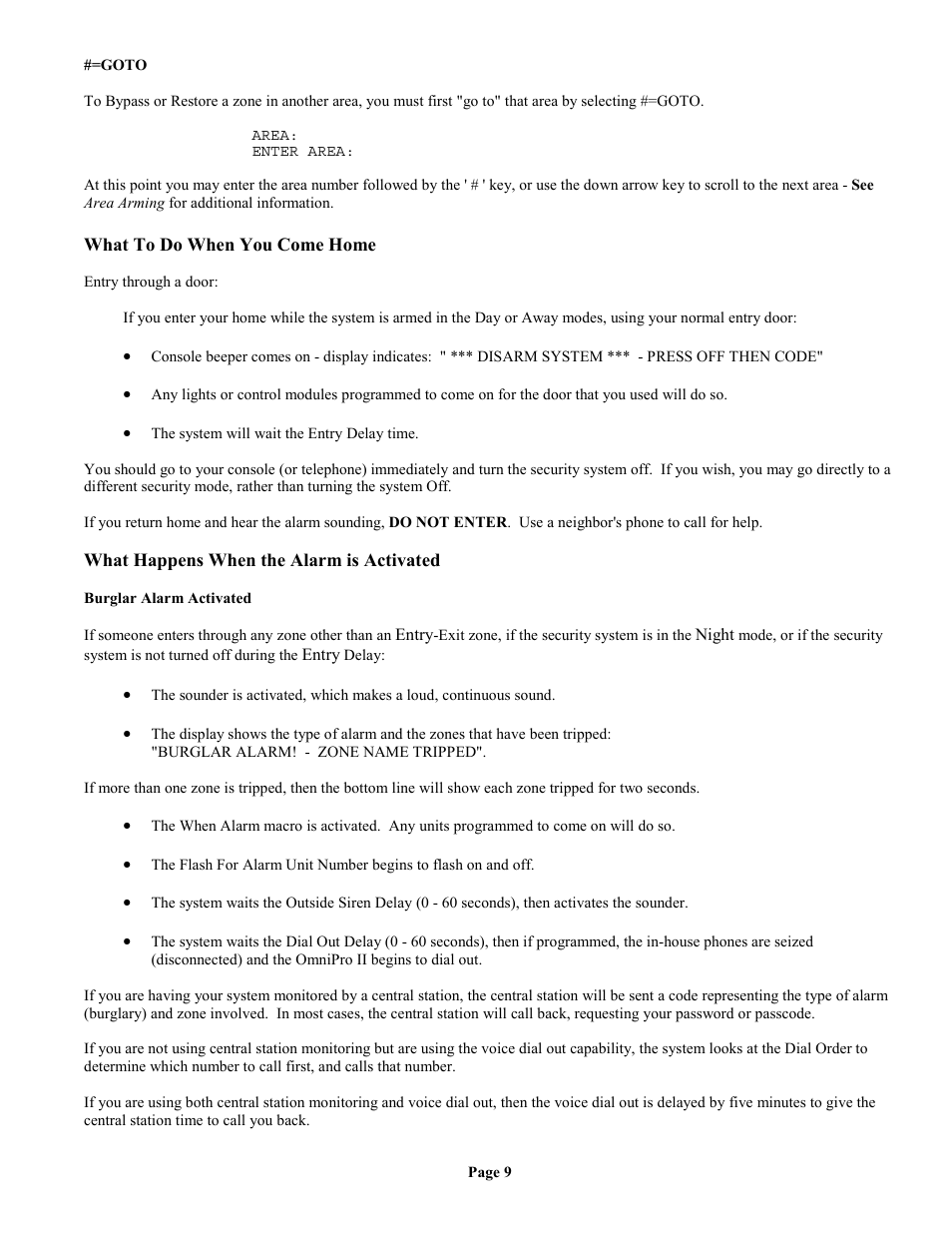 Goto, What to do when you come home, What happens when the alarm is activated | Burglar alarm activated | Home Automation II User Manual | Page 17 / 90