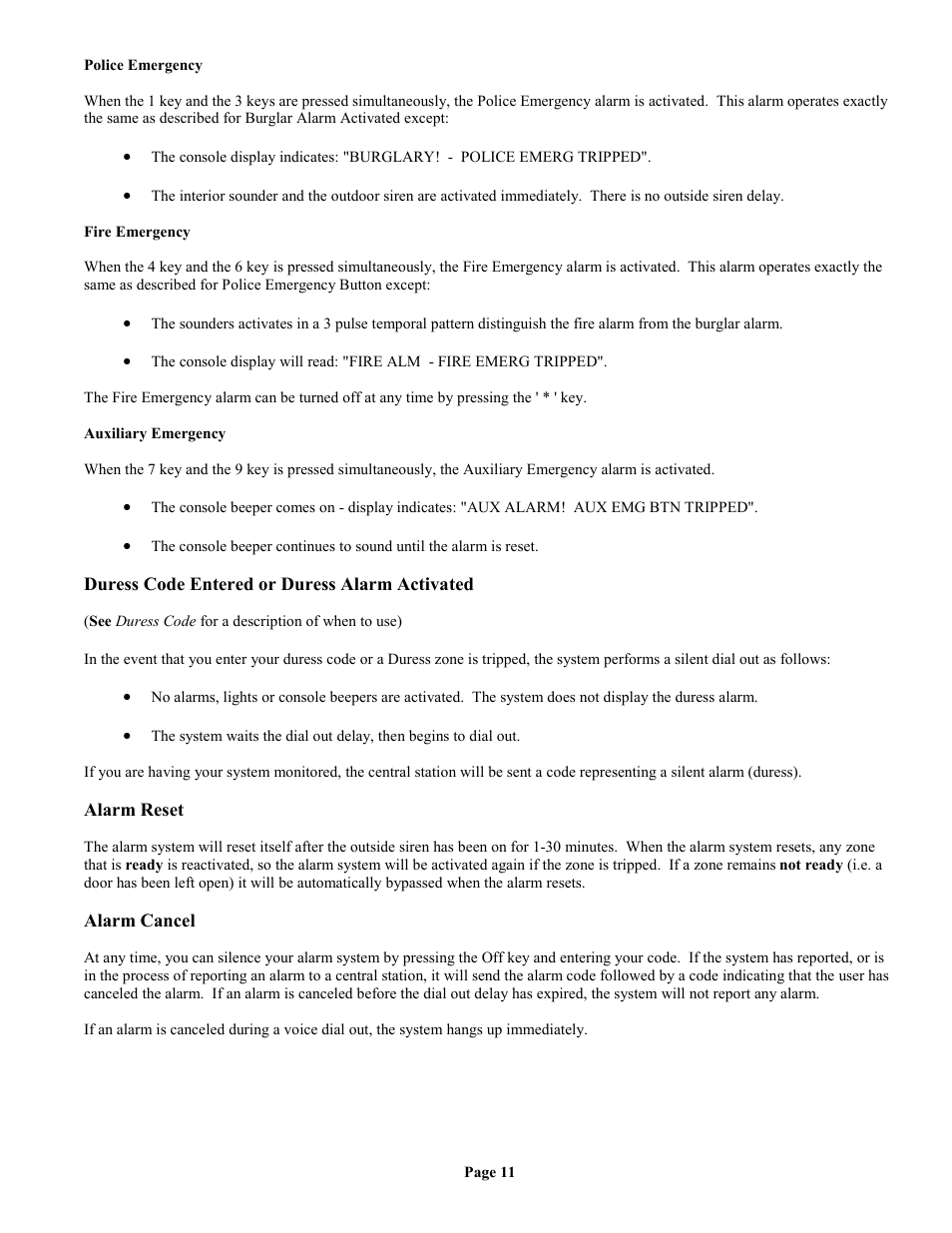 Police emergency, Fire emergency, Auxiliary emergency | Duress code entered or duress alarm activated, Alarm reset, Alarm cancel | Home Automation II User Manual | Page 19 / 90