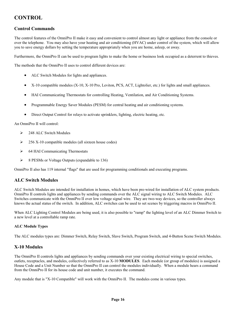 Control, Control commands, Alc switch modules | Alc module types, X-10 modules | Home Automation II User Manual | Page 24 / 90