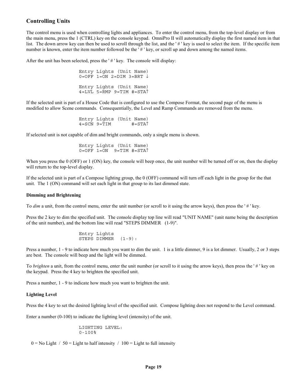 Controlling units, Dimming and brightening, Lighting level | Home Automation II User Manual | Page 27 / 90