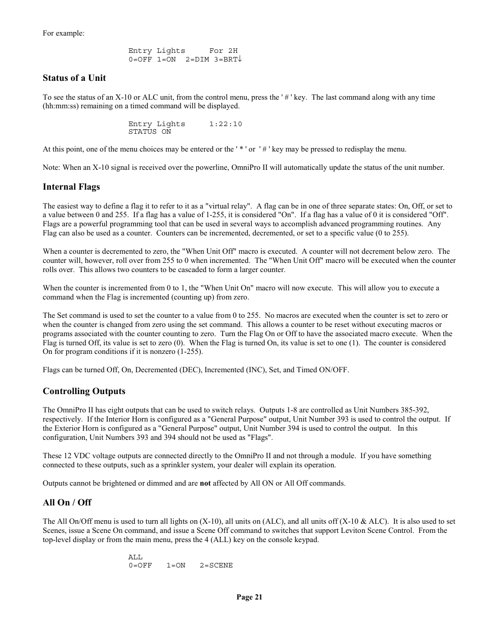 Status of a unit, Internal flags, Controlling outputs | All on / off | Home Automation II User Manual | Page 29 / 90