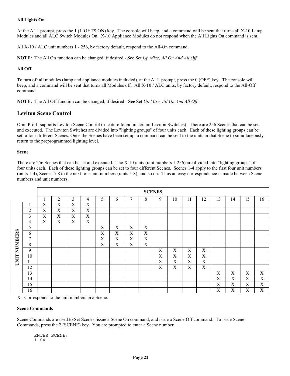 All lights on, All off, Leviton scene control | Scene, Scene commands | Home Automation II User Manual | Page 30 / 90