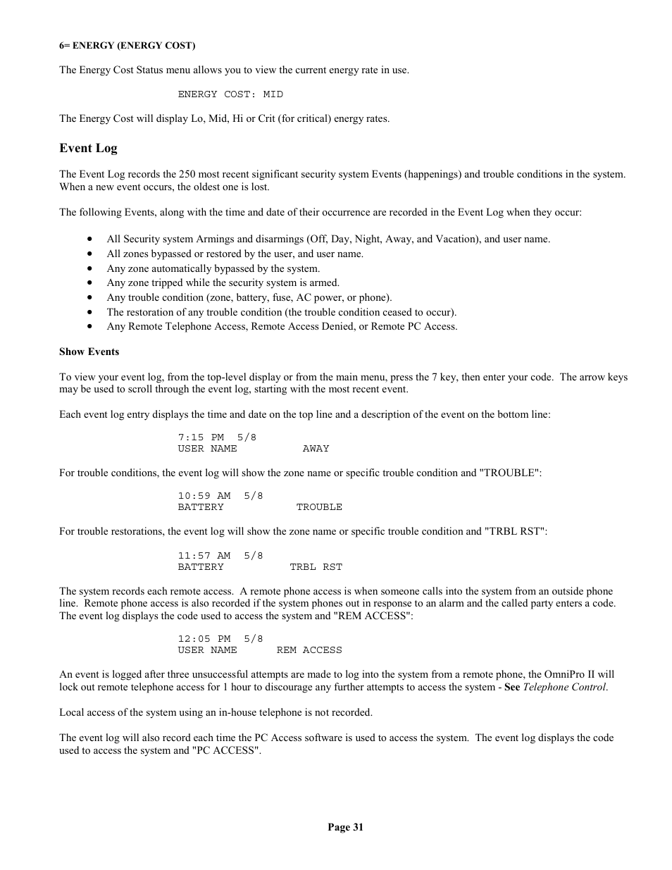 Event log, Show events | Home Automation II User Manual | Page 39 / 90