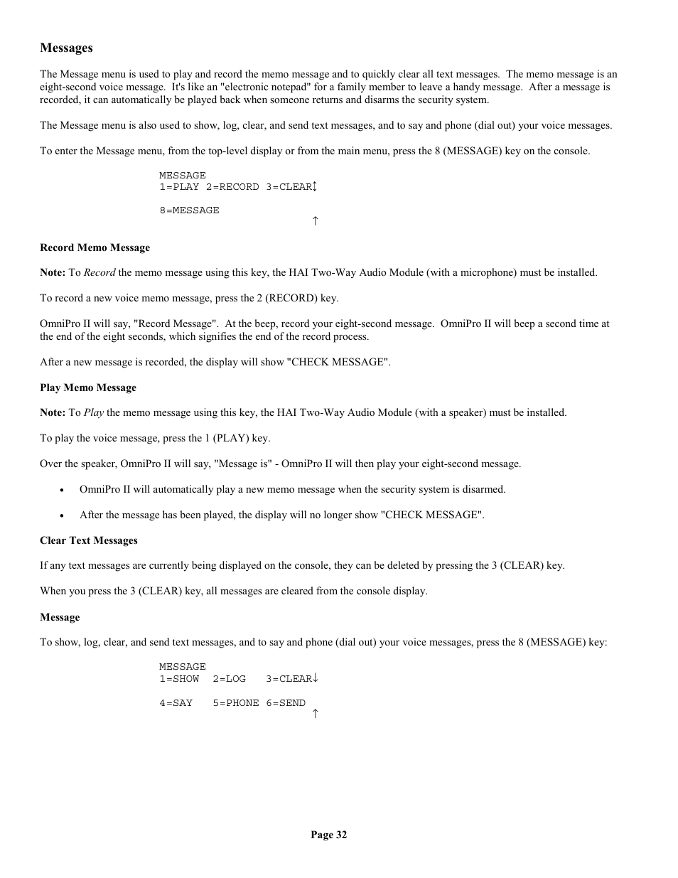 Messages, Record memo message, Play memo message | Clear text messages, Message | Home Automation II User Manual | Page 40 / 90