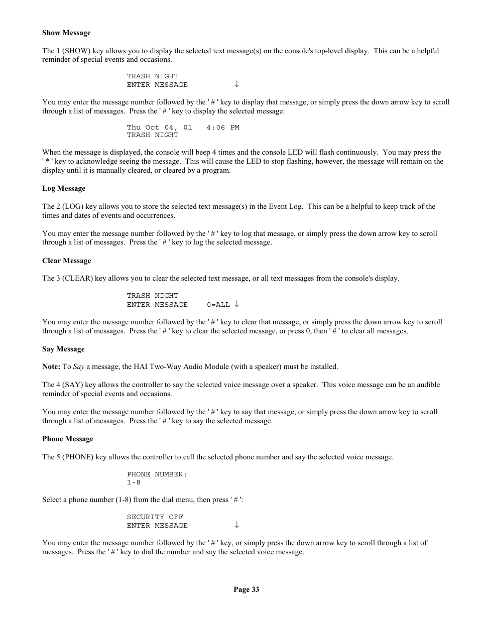 Show message, Log message, Clear message | Say message, Phone message | Home Automation II User Manual | Page 41 / 90