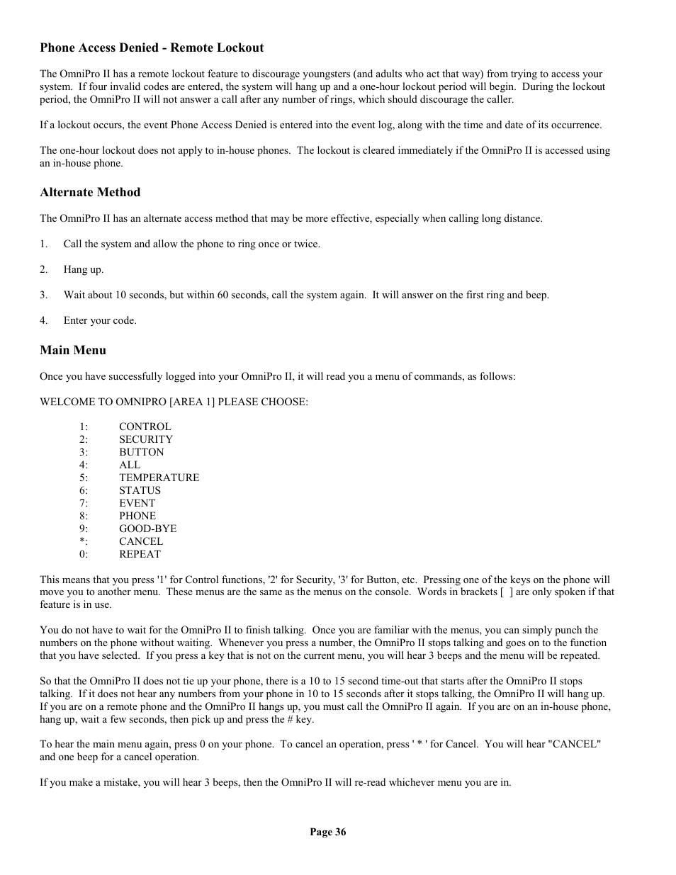 Phone access denied - remote lockout, Alternate method, Main menu | Home Automation II User Manual | Page 44 / 90