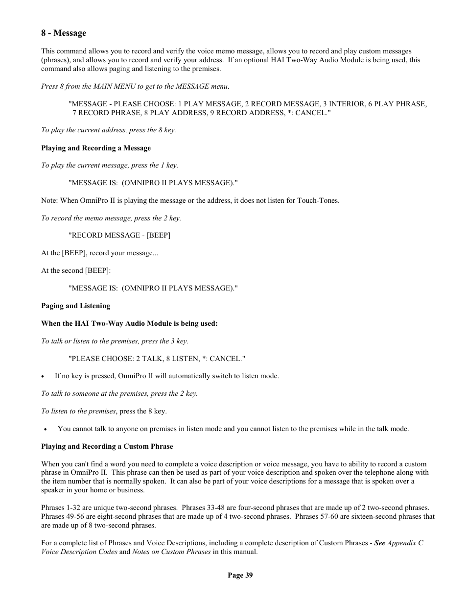 8 - message, Playing and recording a message, Paging and listening | Playing and recording a custom phrase | Home Automation II User Manual | Page 47 / 90