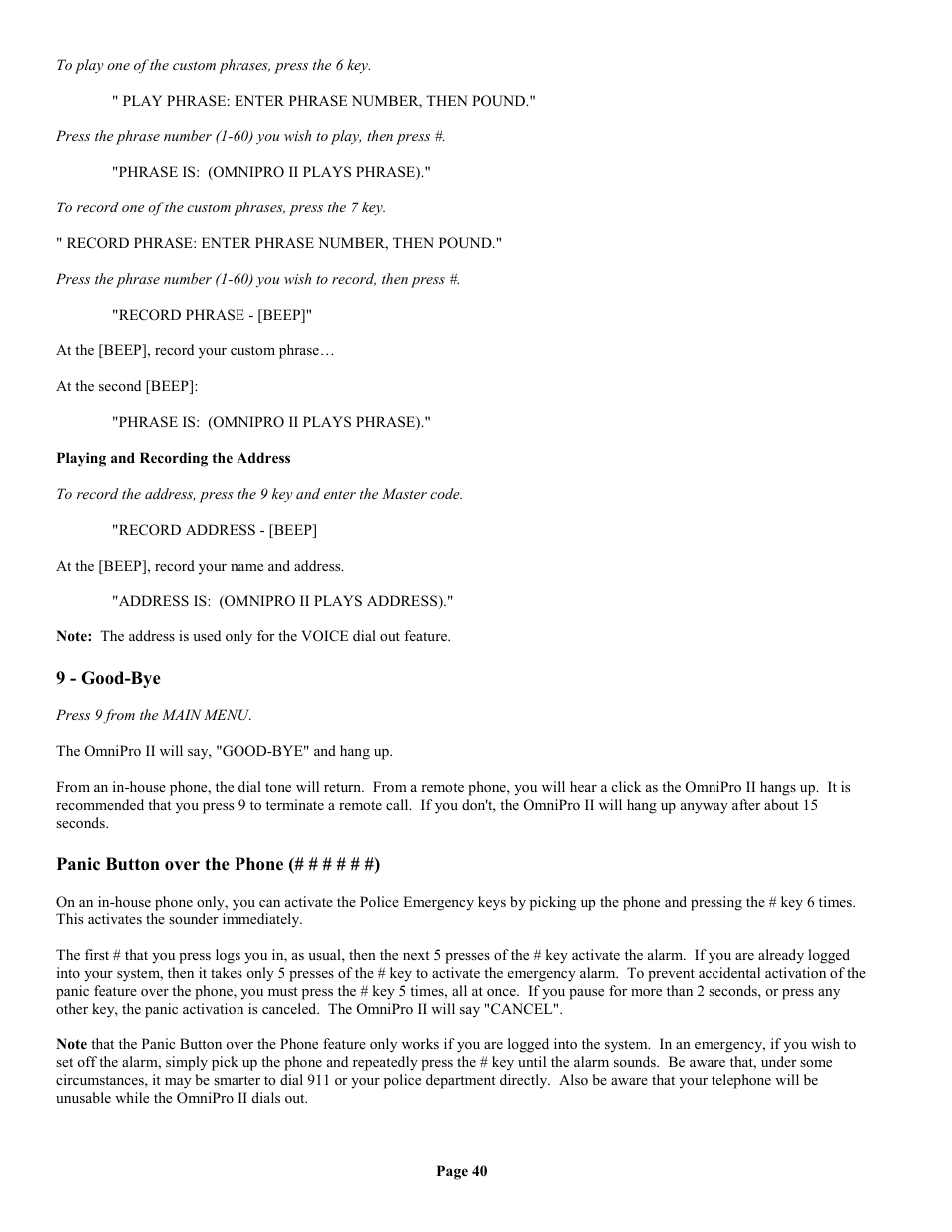 Playing and recording the address, 9 - good-bye, Panic button over the phone (# # # # # #) | Home Automation II User Manual | Page 48 / 90